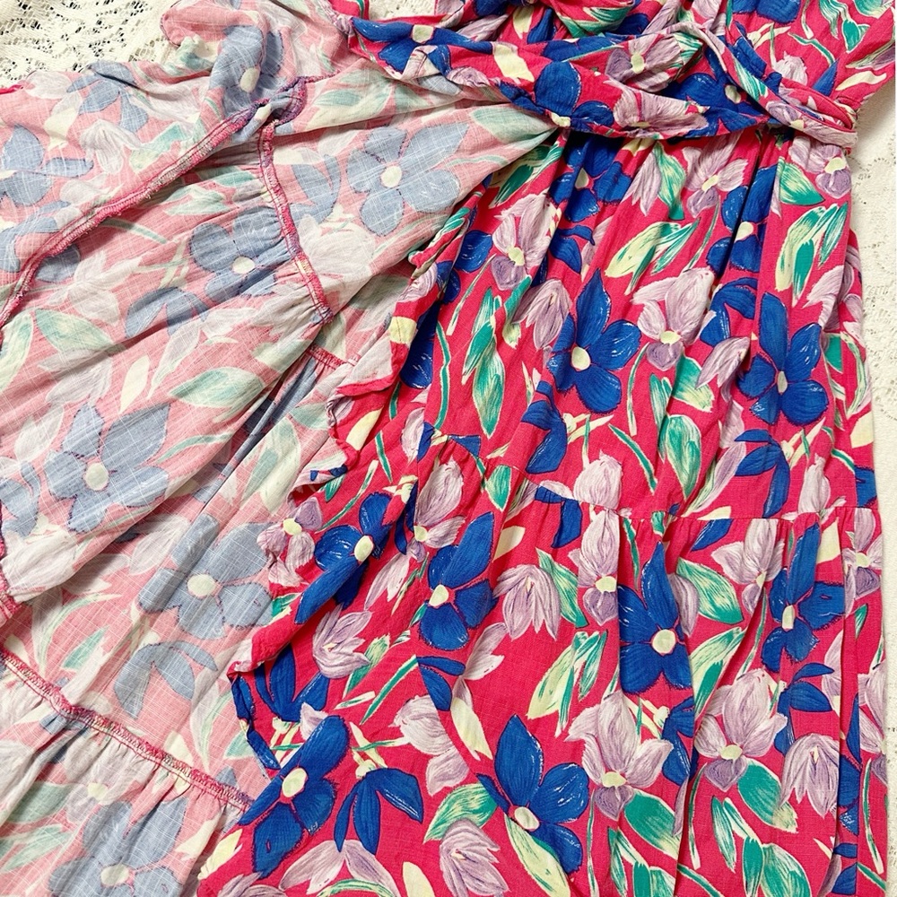 Chelsea28 Pink Floral True Wrap Puff Sleeve Flounce Gathered Midi Dress Size XS - Picture 3 of 6